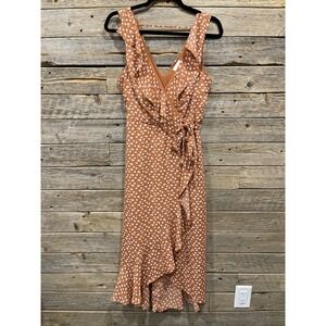 Charming Charlie Women's‎ Orange Floral Polka Dot Wrap Dress Sleeveless V Neck